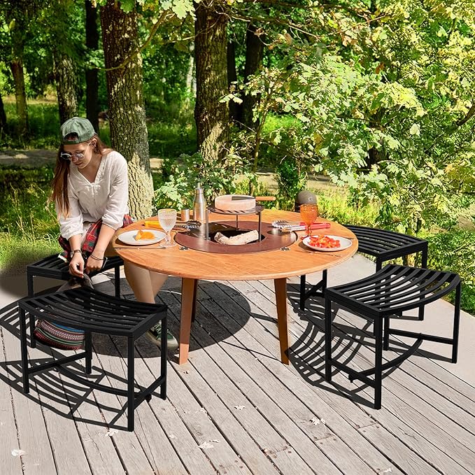 VINGLI Outdoor Metal Curved Bench, Weatherproof Fire Pit Bench Set of 4, Heavy Duty Steel Backless Benches, Metal Outside Seating for Garden, Patio, Plant Stand and Holder