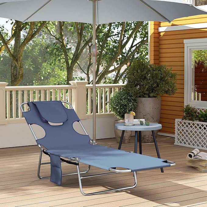 Outsunny Folding Beach Lounge Chair with Face Hole and Arm Slots, 5-Level Adjustable Sun Lounger Tanning Chair with Pillow for Patio, Garden, Beach, Pool, Gray