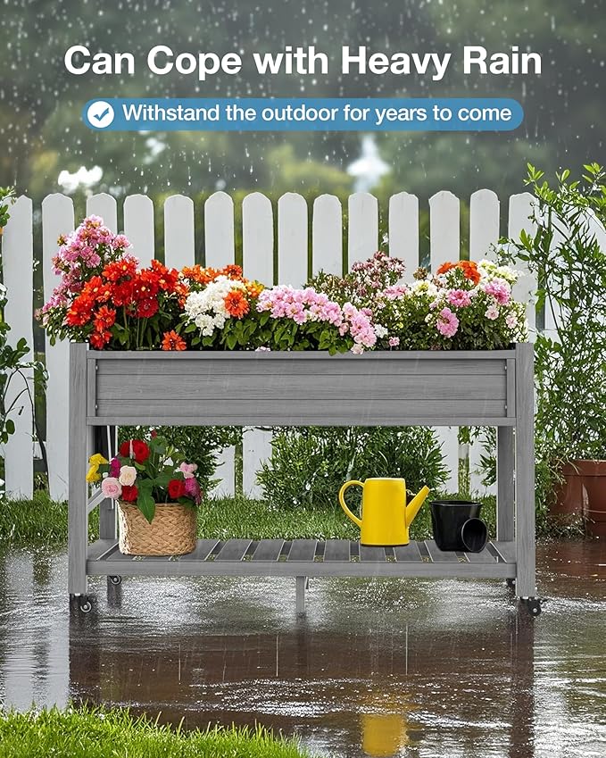 YEFU Raised Garden Bed with Legs: 57x18x30in Elevated Poly Planter with Wheels,Waterproof Mobile Raised Bed Garden, Elevated Planter Box Stand with Storage Shelf,for Deck,Patio,Porch,Yard (Grey,2pcs)