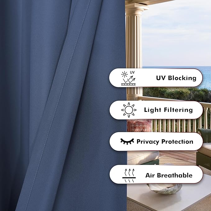 BONZER Wide Waterproof Outdoor Curtains for Patio Heavy Privacy Light Filtering Grommet Outside Curtains for Porch, Pergola, Gazebo, 1 Panel, 110W x 84L inch, Navy
