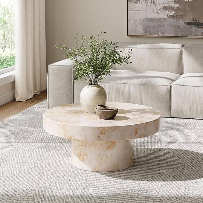 Modway Alora Round Concrete Coffee Table with Faux Stone Finish in Honey Onyx - Cement Accent Table for Living Room - Stone Patio Center Table - Indoor Outdoor 34 Inch Low Coffee Table