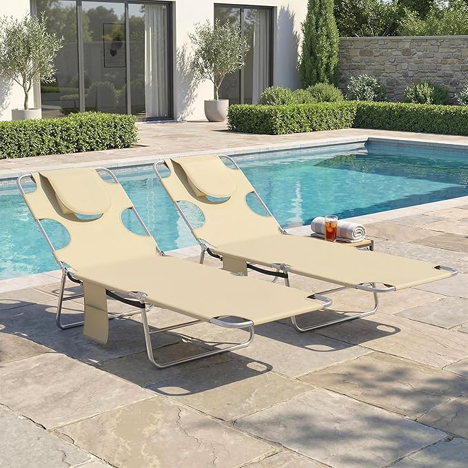 Outsunny Chaise Lounge Chair Outdoor Set of 2 with Face Arm Hole, 5-Position Reclining Face Down Tanning Chair with Carry Strap, Side Pocket, Portable Folding Bed Cot for Patio Beach Pool, Beige