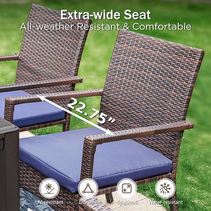 PHI VILLA 7 Piece Patio Dining Set for 6, Outdoor Slatted Metal Dining Table with Umbrella Hole & Cushioned Wicker Chairs for Patio, Deck, Yard, Porch
