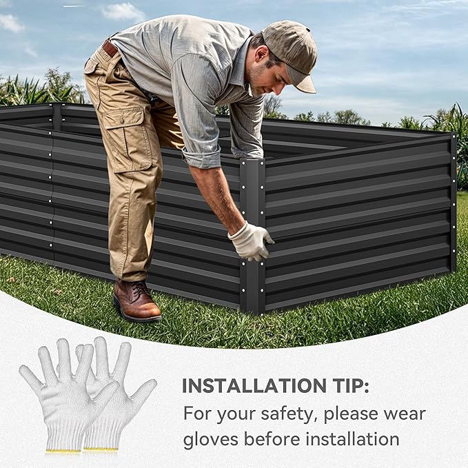 YITAHOME 8x4x2 ft 4pcs Galvanized Raised Garden Bed Kit, Large Metal Planter Box with Gloves, Safety Rubber & Support Rod, Outdoor Flower Bed for Plants Vegetables, Black