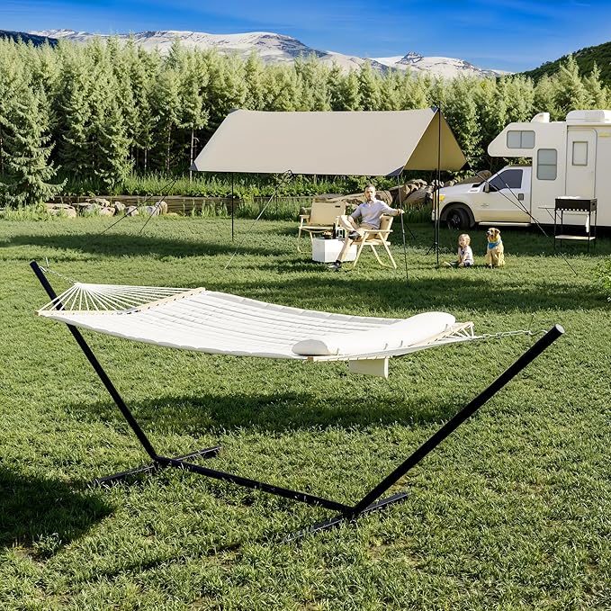 2 Person Hammock with Stand, Portable Outdoor Hammock, Heavy Duty Hammock with Carrying Bag, Soft Pillow, Balance Ropes, White