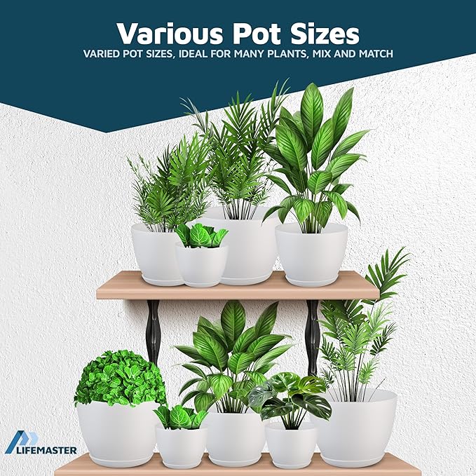 Lifemaster Eco Friendly Plant Pot Set -20-Pack Home Decor Flower Indoor and Outdoor Plastic Pots with Drainage Holes, Assorted Sizes (7", 6.6", 6", 5.3", 4.8") - Stackable Garden Versatile Planters