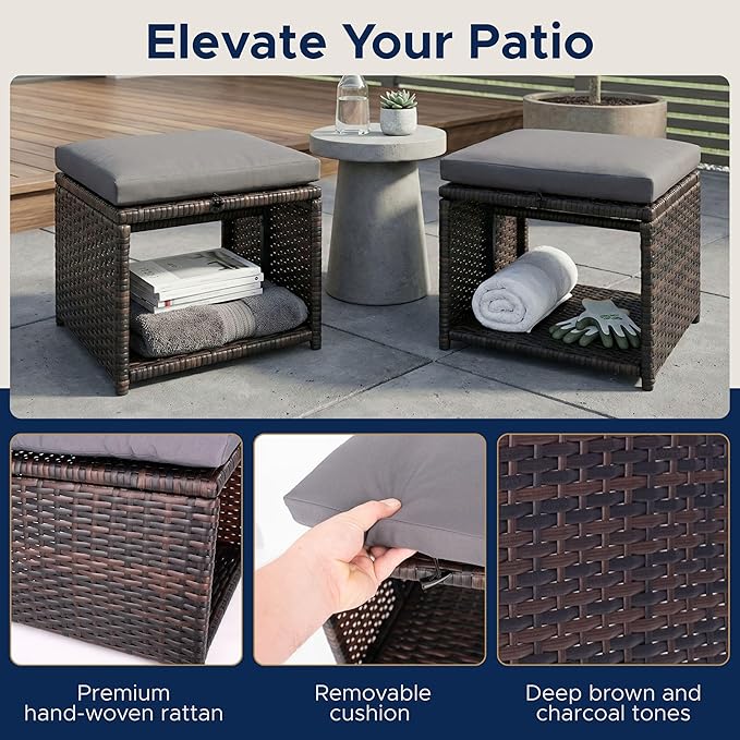 Outdoor Storage Ottoman (Set of 2) - All-Weather Wicker Patio Footstool with Washable Cushions - Sturdy Rattan Foot Rest & Hidden Box for Deck, Porch, Backyard & Balcony