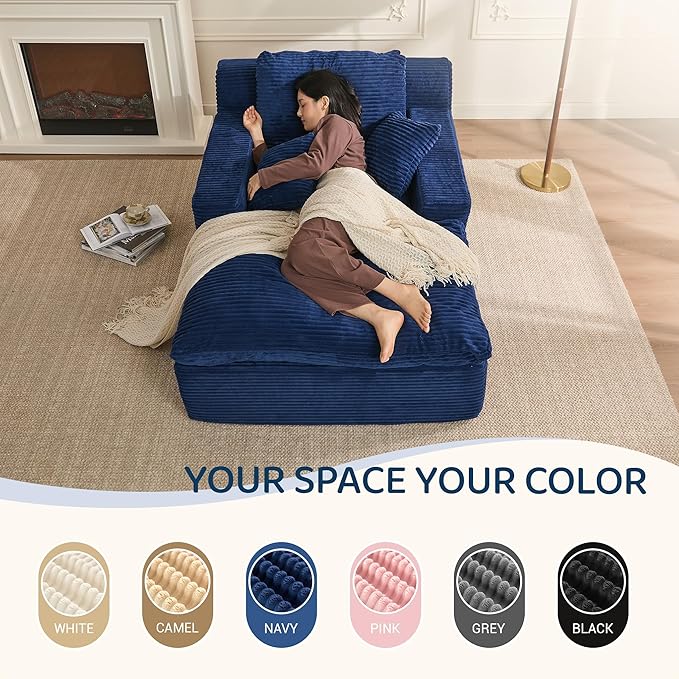63" Chaise Lounge Chair Indoor, Set of Convertible Sleeper Sofa Couch with Throw Pillows & Side Pockets, Corduroy Upholstered Oversized Sofa Bed with Armrests for Living Room Bedroom, Blue