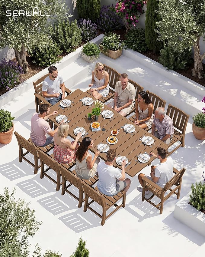 SERWALL 11-Piece Outdoor Dining Set, 60" - 83" Expandable Outdoor Dining Table and 10 HDPE Chairs, All Weather HDPE Outdoor Furniture Set for Backyard, Garden, Brown