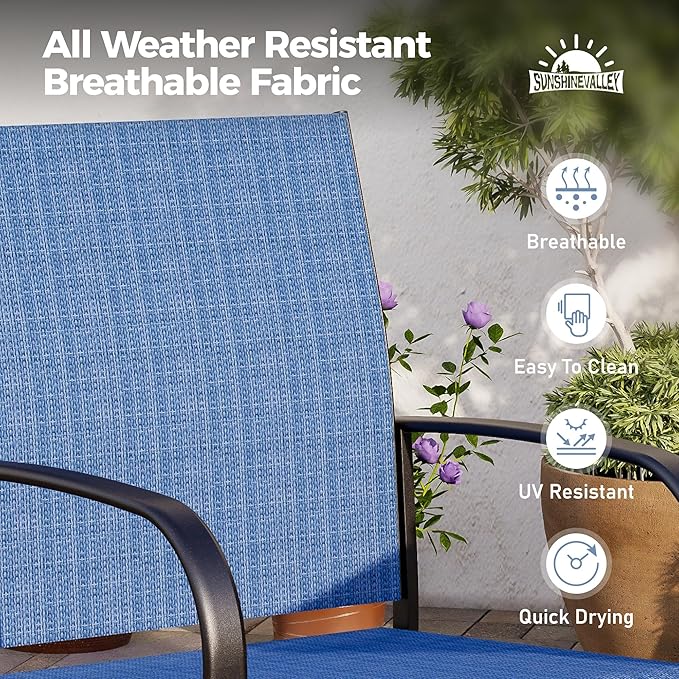 5 Piece Patio Dining Set for 4, 37”x37” Square Table (PVC Wood-Like Table Top) with 1.57" Umbrella Hole, 4 Metal Blue Chairs, Outdoor Table and Chairs Set for Lawn Backyard and Deck