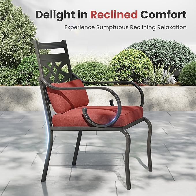 PHI VILLA 7 Pieces Outdoor Dining Set for 6, 54" Round Black Metal Table with Umbrella Hole & Wrought Iron Chairs, Large Outside Furniture with Red Cushions & Pillows for Patio, Deck, Porch