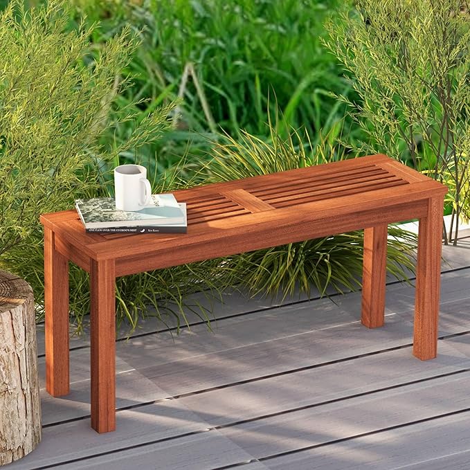 Tangkula Patio Wood Bench, 2-Person Solid Wood Bench with Slatted Seat, 39.5" Long Loveseat with Stable Wood Frame, Indoor Outdoor Dining Bench for Backyard, Poolside, Entryway (1)