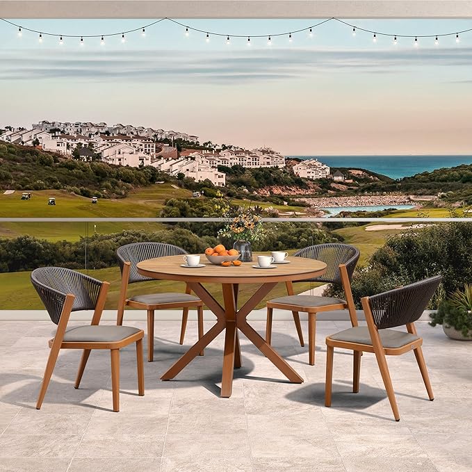 PURPLE LEAF 5 Pieces Oversize Round Outdoor Dining Set Patio Dining Furniture Aluminum Wicker Rattan Patio Dining Set for Lawn Backyard Deck Brown