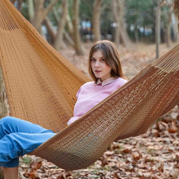 PNAEUT Handwoven Mayan Hammock, Thick Soft Rope Double Hammock for Outdoor Outside & Indoor, 600 lbs Capacity Heavy-Duty, Includes Tree Straps, Carabiners & Carrying Bag (Desert, X-Large)