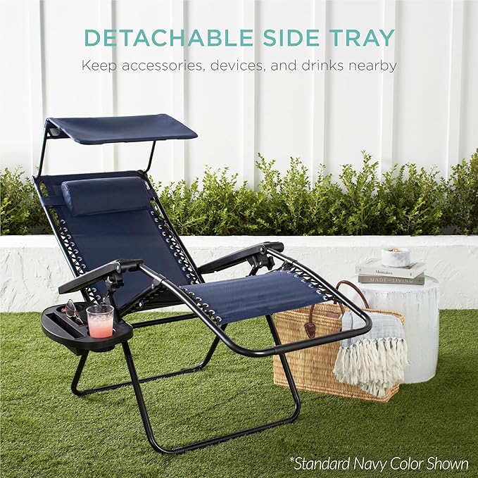 Best Choice Products 30” Wide Folding Zero Gravity Outdoor Recliner Patio Lounge Chair w/Adjustable Canopy Shade, Headrest, Side Accessory Tray - Peacock Blue