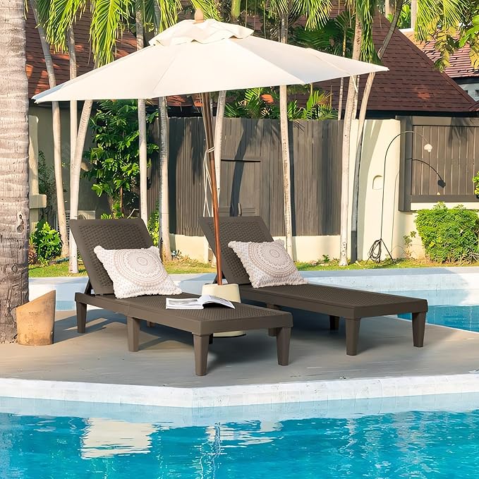 Greesum Outdoor Chaise Lounge Chairs Set of 2 with 5-Position Adjustable Backrest, Waterproof PP Sun Chaise Loungers for Garden Pool Beach Patio Deck Sunbathing, Brown