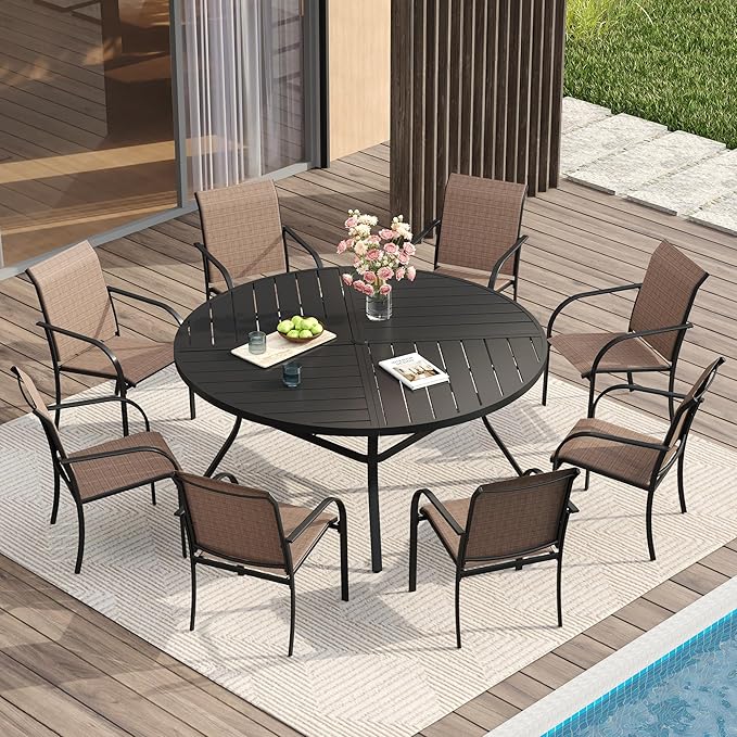 VICLLAX Patio Table and Chair Set of 8, All Weather Metal Round Outdoor Dining Furniture Set-53 Round Outdoor Table and Chairs, Black Tabletop
