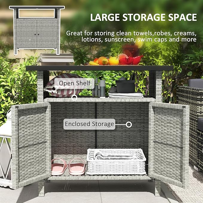 Outsunny Wicker Outdoor Storage Cabinet, Rattan Outdoor Bar Table with 2 Doors and Shelf, Outdoor Buffet Cabinet Sideboard with Metal Slatted Countertop for Poolside, Patio, Backyard, Gray