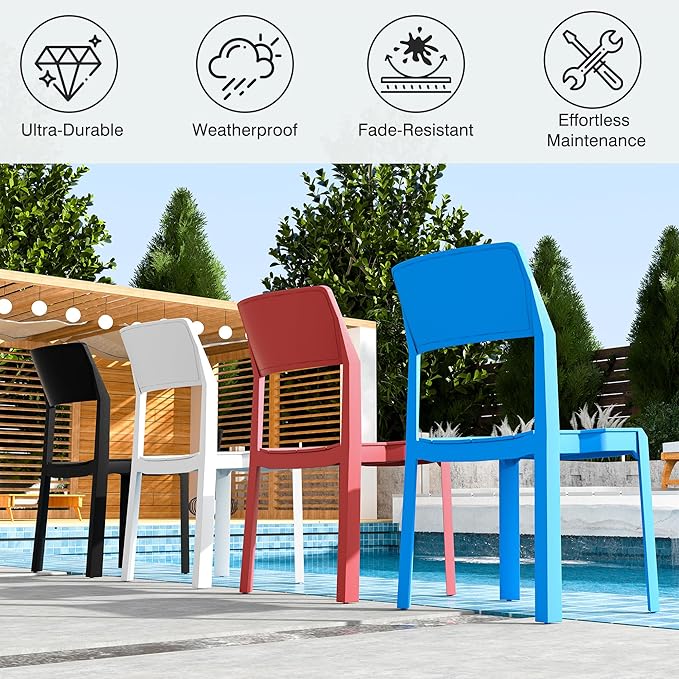 VECELO 4 Pack Stackable Dining Chairs, Plastic Patio Chairs for Indoor Outdoor Use in Kitchen, Poolside, No Assembly, Matte Blue