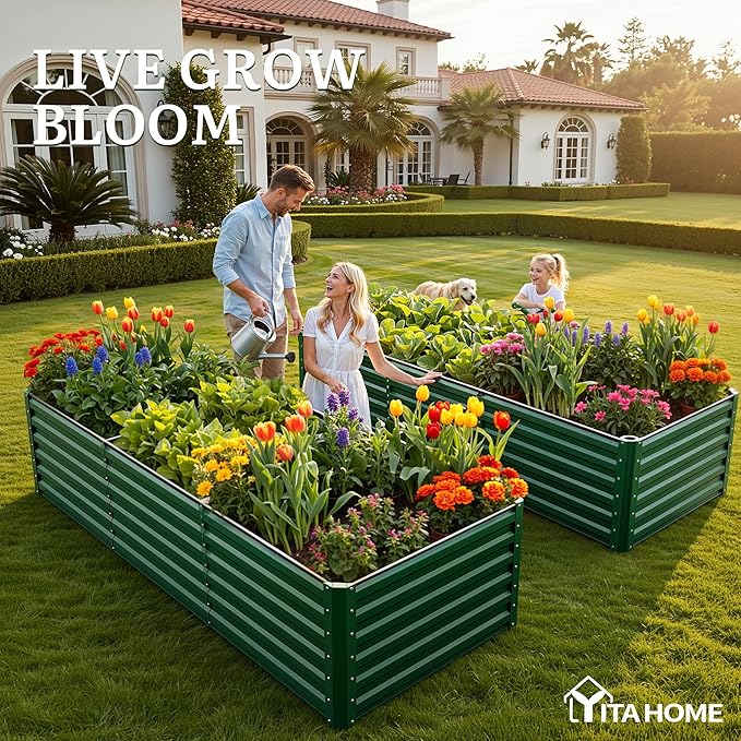 YITAHOME 8x4x2ft Large Raised Garden Bed Kit, Galvanized Metal Planter Box with Gloves, Ground Nails, Support Rod & Safety Rubber, Outdoor Above Ground Planters for Plants Vegetables Flowers, Green