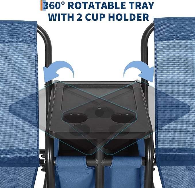 Porch Swing with Cup Holders & Pivot Storage Table & Cooler Bag with Adjustable Canopy for 2 Person Patio Swing for Backyard Balcony Poolside Red Blue