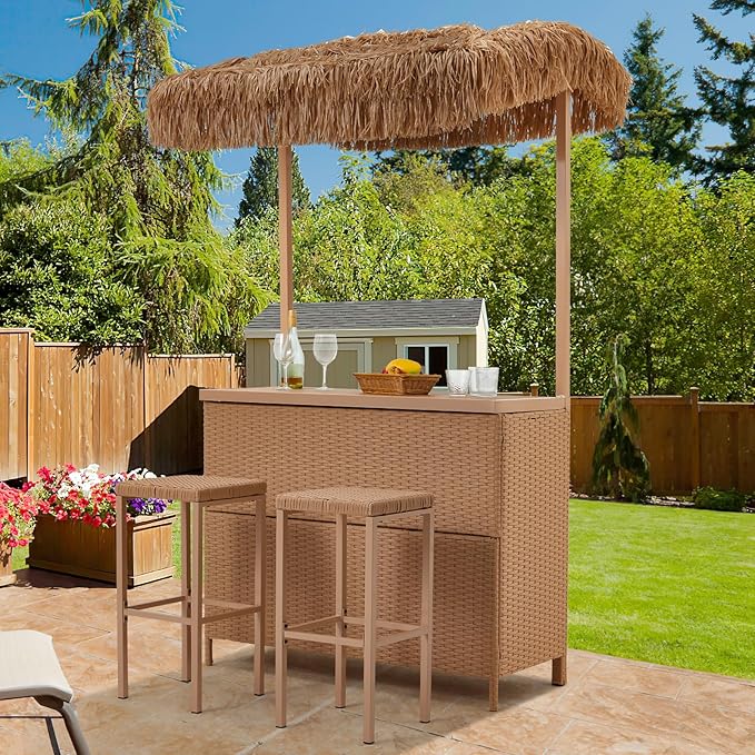 HOMREST Outdoor Tiki Bar Set, 3 Pieces Wicker Patio Bar Set w/2 Height Stools, Storage Shelf, Canopy, Plastic Wood Tabletop for Backyard Poolside Garden, Beige