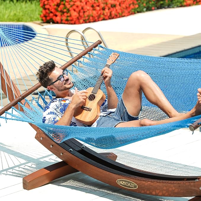 Lazy Daze Hammocks 10.5 FT Double 2 Person Caribbean Rope Hammock, Hand Woven Polyester Hammock with Spreader Bars, for Outside Outdoor Backyard Patio Poolside, 450 LBS Capacity, Sky Blue