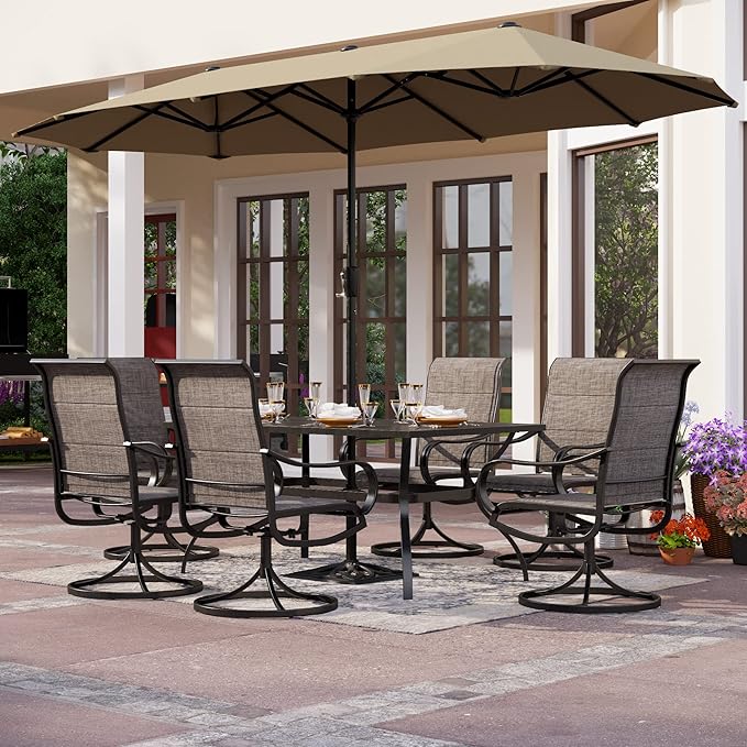 PHI VILLA Swivel Chair Patio Dining Set with 13ft Outdoor Beige Umbrella, 6 Padded Textilene Armrest Dining Chair and 1 Large Metal Table, Outdoor Table Chair Dining Set for Patio Lawn Garden