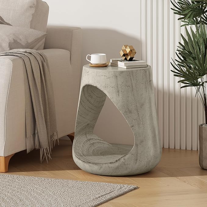 Christopher Knight Home Novi Outdoor Side Table, Hollow Round-Shaped Decorative Accent Side End Table, Garden Stool for Patio Balcony Beach Pool, Lightweight Concrete, Wood-Like Texture, Gray