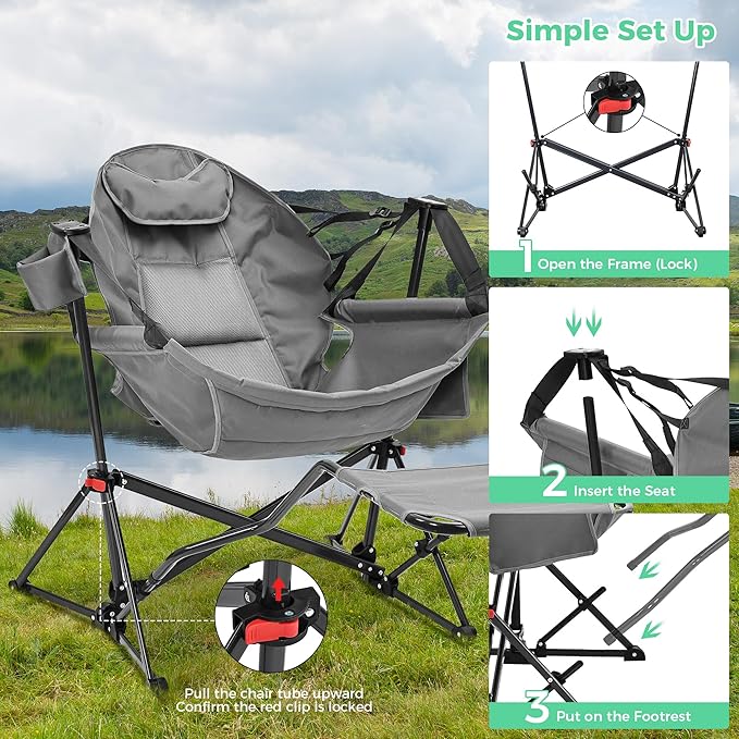 Ainfox Hammock Camping Chair with Footrest, Foldable Portable Rocking Chairs for Adults Outside Swinging Camp with Cup Holder Pillow for Outdoor Patio Poolside (Grey)