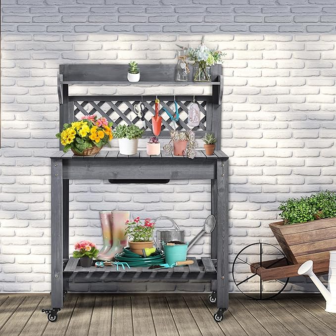 Yaheetech Potting Bench Table Outdoor Garden Potting Table Wooden Workstation w/Sliding Tabletop Removable Sink w/Storage Shelf Flower Pot Bench Mobile Garden Potting Bench Gray