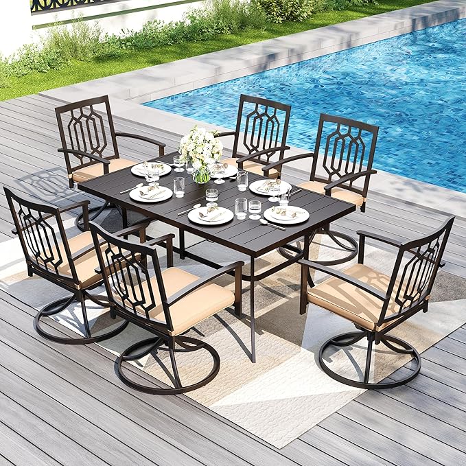 PHI VILLA 7 Pieces Outdoor Dining Set for 6, 59" Rectangular Wrought Iron Table with Umbrella Hole & Swivel Metal Steel Chairs with Cushions, Outside Furniture Set for Patio, Porch, Deck, Backyard