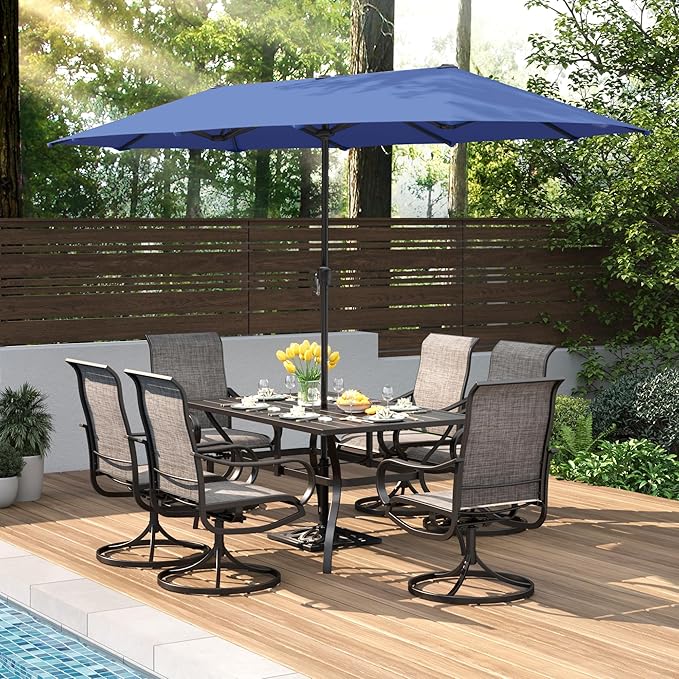 PHI VILLA 8 PCS Patio Dining Set with 13ft Large Patio Umbrella(Haze Blue), 6 Outdoor Swivel Chairs & 1 Rectangle Metal Table for 6 Person, Patio Dining Fruniture Set for Deck Garden(No Umbrella Base)