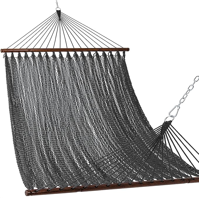 Lazy Daze Hammocks 10.5 FT Double 2 Person Caribbean Rope Hammock, Hand Woven Polyester Hammock with Spreader Bars, for Outside Outdoor Backyard Patio Poolside, 450 LBS Capacity, Gray
