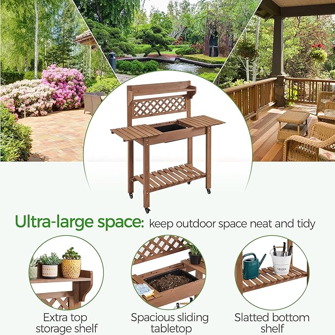 Yaheetech Potting Bench Table Outdoor Garden Horticulture Wooden Workstation Benches w/Sliding Tabletop/Removable Sink/Storage Shelf,Brown