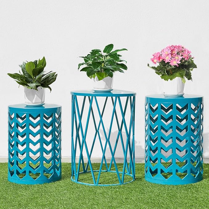 Nesting Side Table Set of 3 Decorative Round Garden Stools for Indoor Outdoor Heavy Duty Metal Frame Side Table Nightstands Modern End Table Plant Stand, Blue