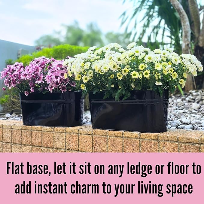 LaLaGreen Outdoor Plants Rail Planter (16 Inch, 2 Pack) Black Metal Iron Hanging Flower Oval Pots Railings Fence Buckets Modern Boho Style Wall Mount Window Boxes Plant Holder Hooks Porch Home Decor