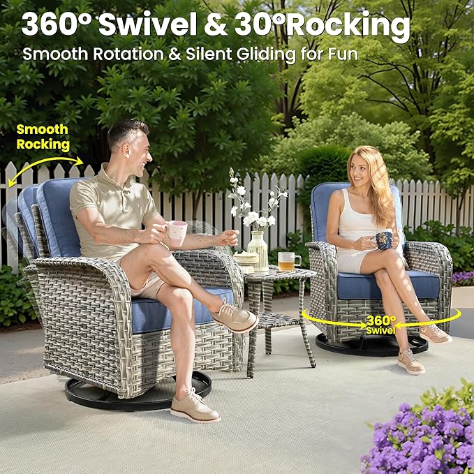 ovios 9-Piece Patio Furniture Set with L-Shape Sofa Chaise, Outdoor Sectional Couch Swivel Gliders Fire Pit Table, Modern Modular Wicker Rattan Conversation Set, Denim Blue