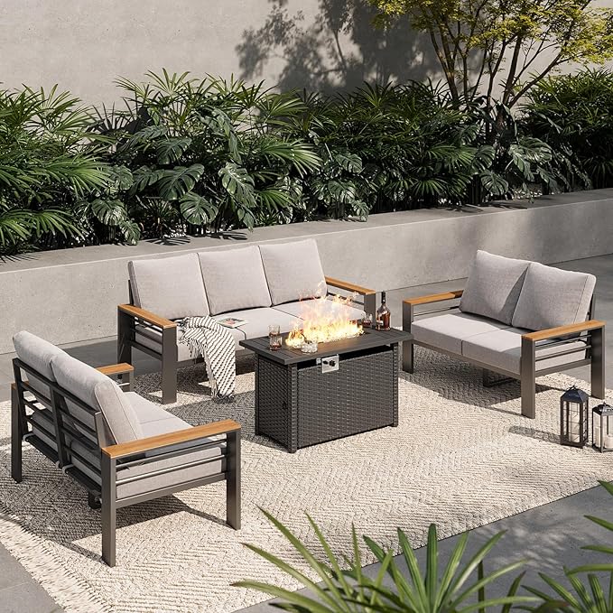 Aoxun Aluminum Outdoor Patio Furniture Set, 7 Seats Outdoor Sectional with Fire Pit Table, Patio Conversation Sets with Upgraded Armrests and Cushions for Backyard, Garden and Poolside（Grey）