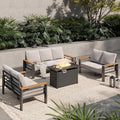Aoxun Aluminum Outdoor Patio Furniture Set, 7 Seats Outdoor Sectional with Fire Pit Table, Patio Conversation Sets with Upgraded Armrests and Cushions for Backyard, Garden and Poolside（Grey）