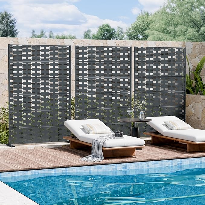 Casaphoria Metal Privacy Screen Outdoor, 72" H x 47" W Freestanding Decorative Privacy Screen for Patio Deck Balcony Garden with Stable Base, Drakgrey-Brick