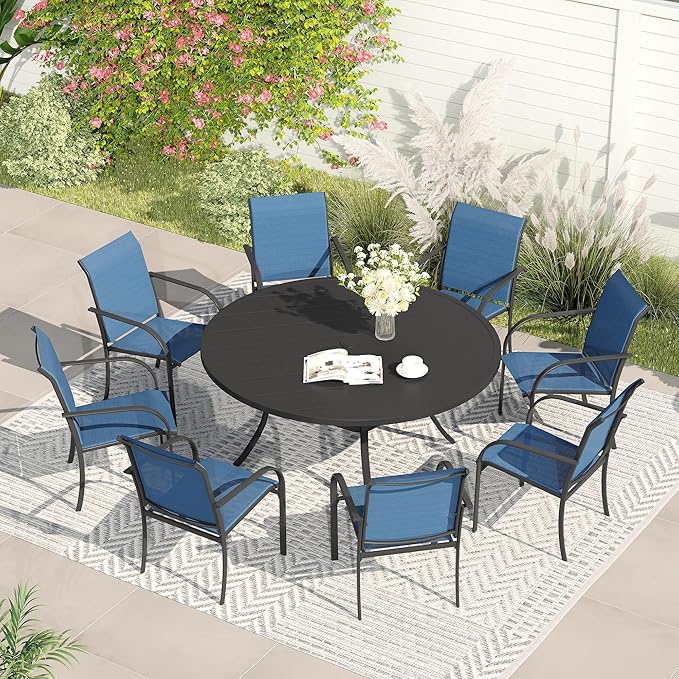 VICLLAX Patio Dining Set for 8, Outdoor Furniture Set Includes 53" Round Patio Table and 8 Patio Sling Chairs, Black Tabletop and Blue Fabric