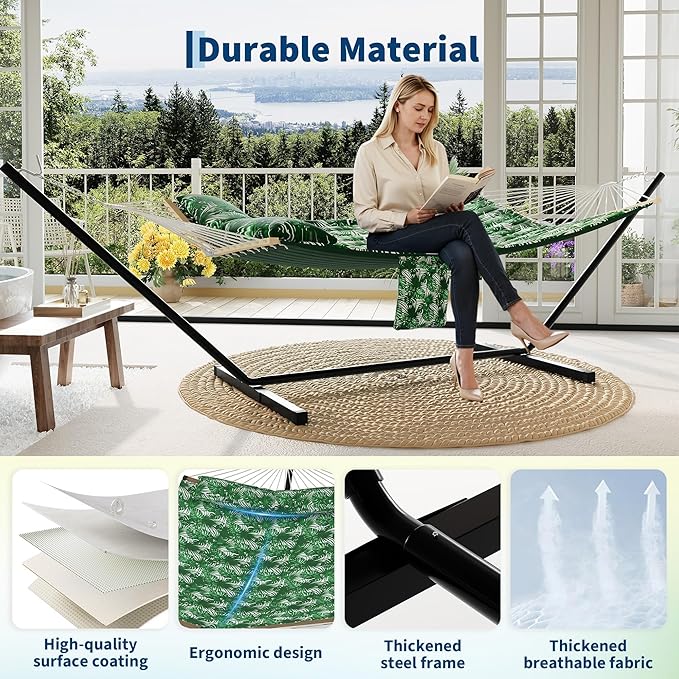 Portable 2 Person Double Hammock with Sturdy Heavy-Duty Steel Stand – 450LBS Max Load, Quick & Effortless Assembly, Perfect for Indoor Living, Yard, Patio & Camping Trips