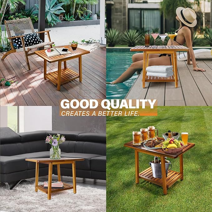 ENKEZI Acacia 24 Inches Outdoor Side Table, 2-Tier Sturdy Patio, End Table Weather Resistant, Strong Stability Side Table for Patio, Pool, Porch, Teak Finish (Large)
