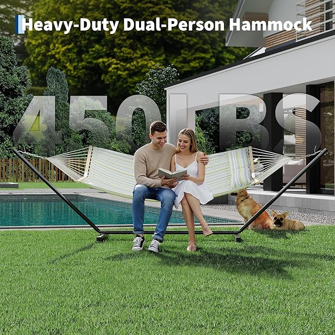 Portable 2 Person Double Hammock with Sturdy Heavy-Duty Steel Stand – 450LBS Max Load, Quick & Effortless Assembly, Perfect for Indoor Living, Yard, Patio & Camping Trips