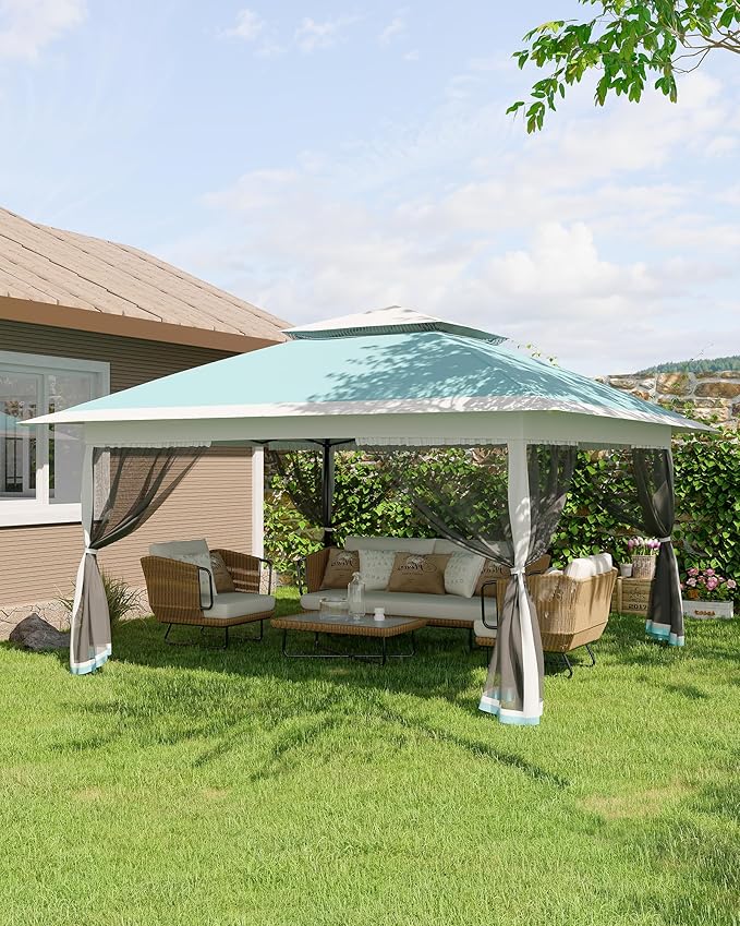 Canopy Tent 13x13 ft, Pop Up Gazebo One-Push Setup with 4 SandBags for Backyard Parties and BBQs, Mosquito Netting & Height Adjustable - Lake Blue