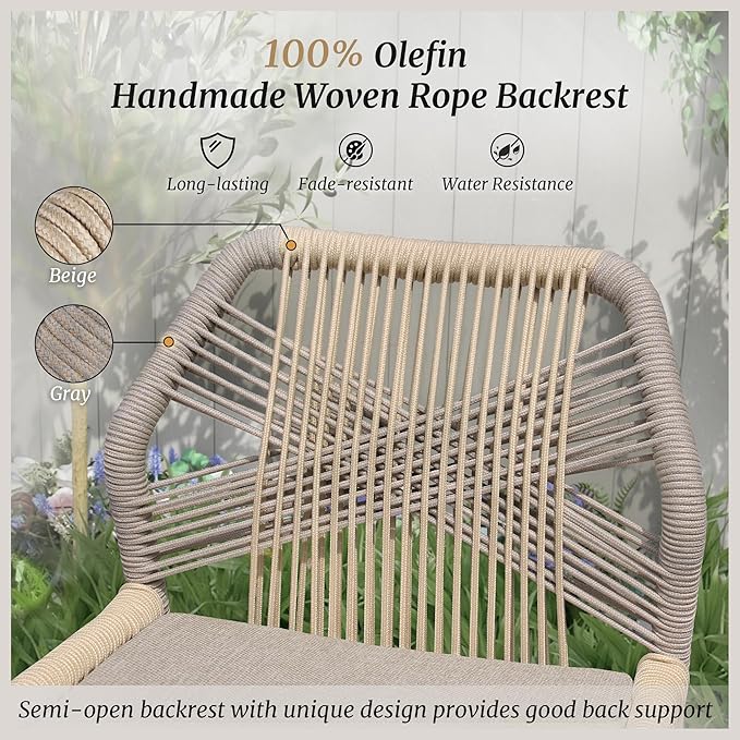 Outdoor Bar Stools, Rattan Outdoor Counter Height Bar Stools Set of 4, 26.5" H Woven Rope Patio Bar Chairs with Aluminum Legs for Kitchen, Yellowish Slate Gray