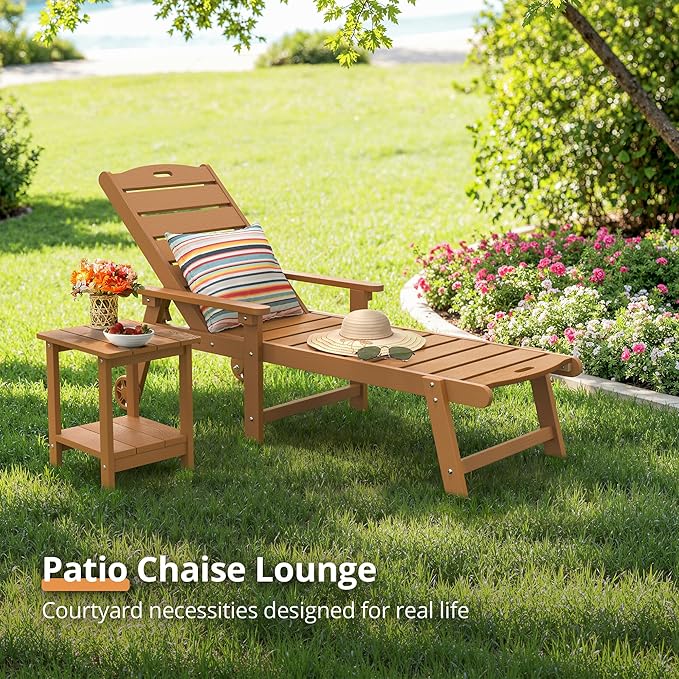 LUE BONA Outdoor Chaise Lounge Chairs Set of 2, HDPS Chaise Lounger, 5 Positions Adjustable Lounge Chairs, Pool Lounge Chair with Wheels for Poolside, Patio, Restaurant, 3 Year Warranty, Teak Color