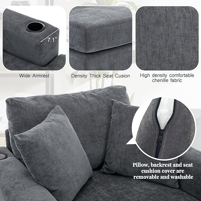 Merax Modern 43.5" Chaise Lounge with Pillow Charge Station & Cup Holders,Upholstered Sofa Recliner Chair for Living Room Bedroom Blue Gray
