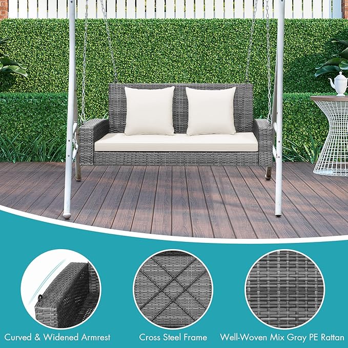 RELAX4LIFE 2-Person Porch Swing Bench - PE Rattan Outdoor Swing Chair with Comfortable Seat & Back Cushions, Rustproof Metal Chains, Patio Loveseat Swing for Balcony, Garden, Yard, 800 LBS (Off White)